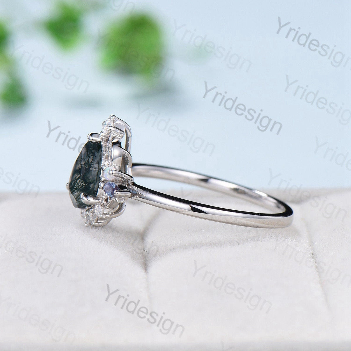 Unique Pear Shaped Moss Agate Ring Vintage  Alternative Alexandrite Opal Wedding Ring For Women Nature Inspired Cluster Leaves Promise Ring