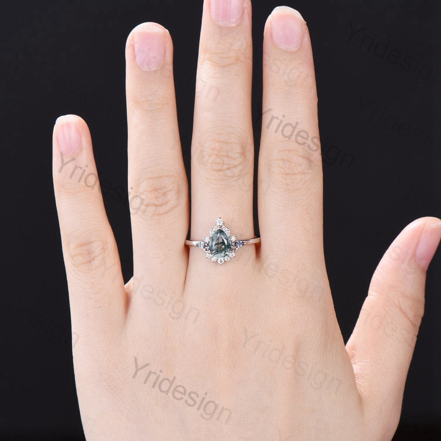 Unique Pear Shaped Moss Agate Ring Vintage  Alternative Alexandrite Opal Wedding Ring For Women Nature Inspired Cluster Leaves Promise Ring