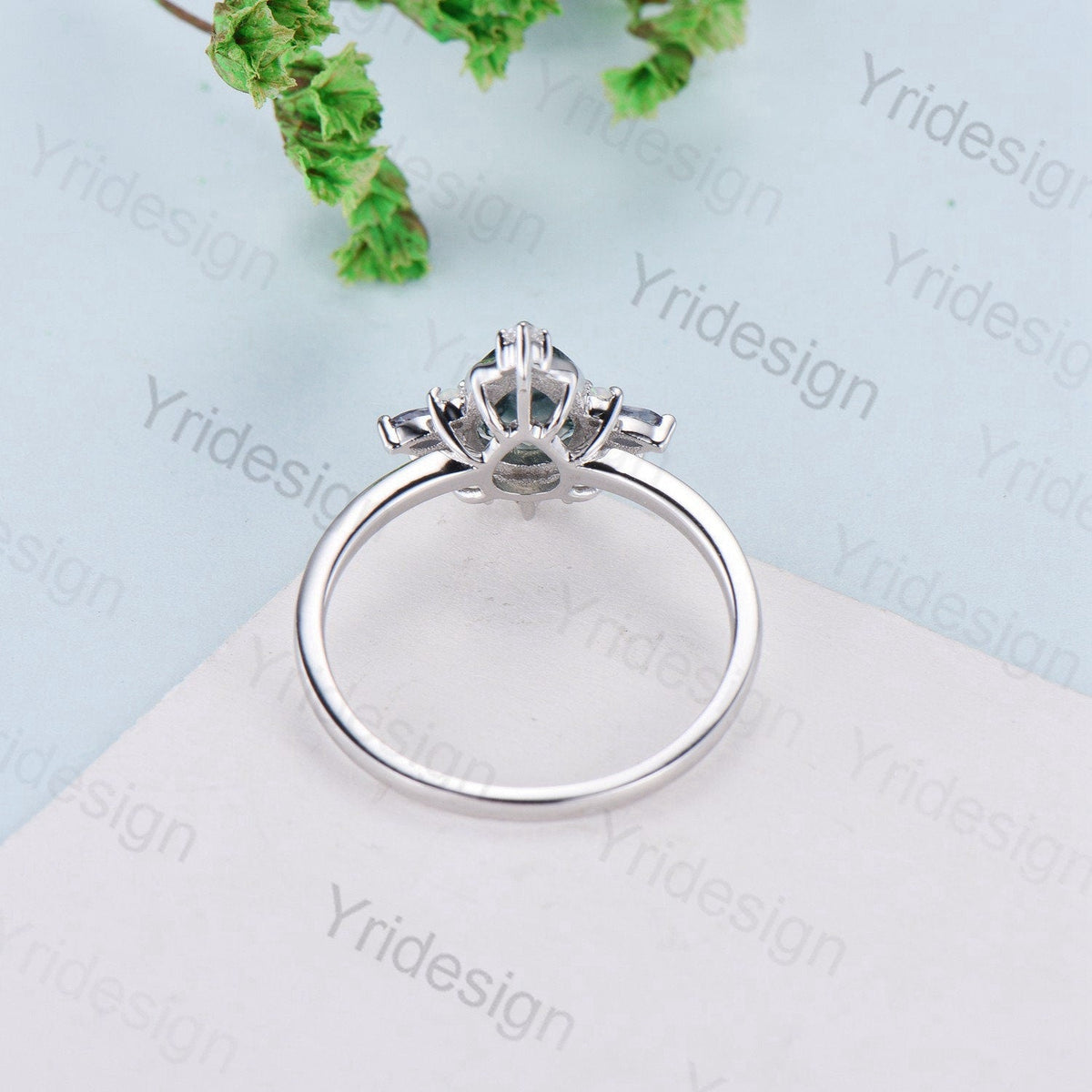 Unique Pear Shaped Moss Agate Ring Vintage  Alternative Alexandrite Opal Wedding Ring For Women Nature Inspired Cluster Leaves Promise Ring