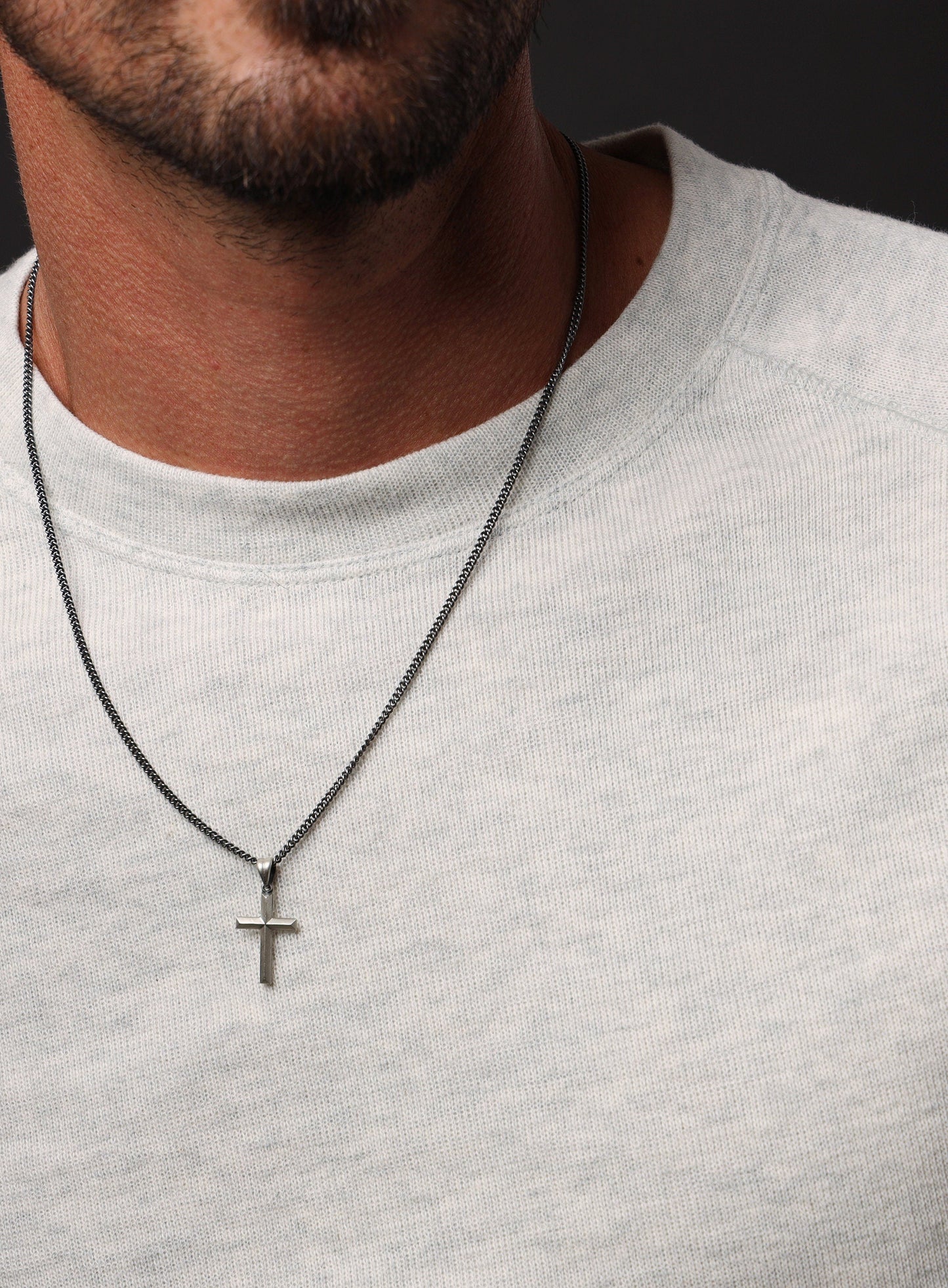 Small Sterling Silver Bevel Cross Pendant Necklace for Men