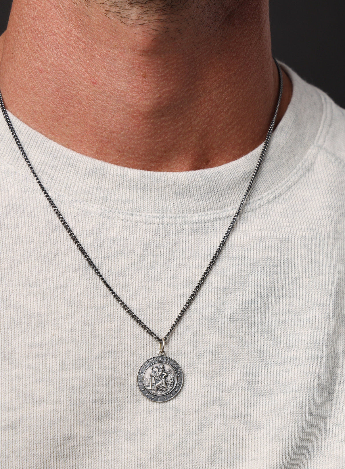 Small Round Saint Christopher Sterling Silver Medal Necklace for Men