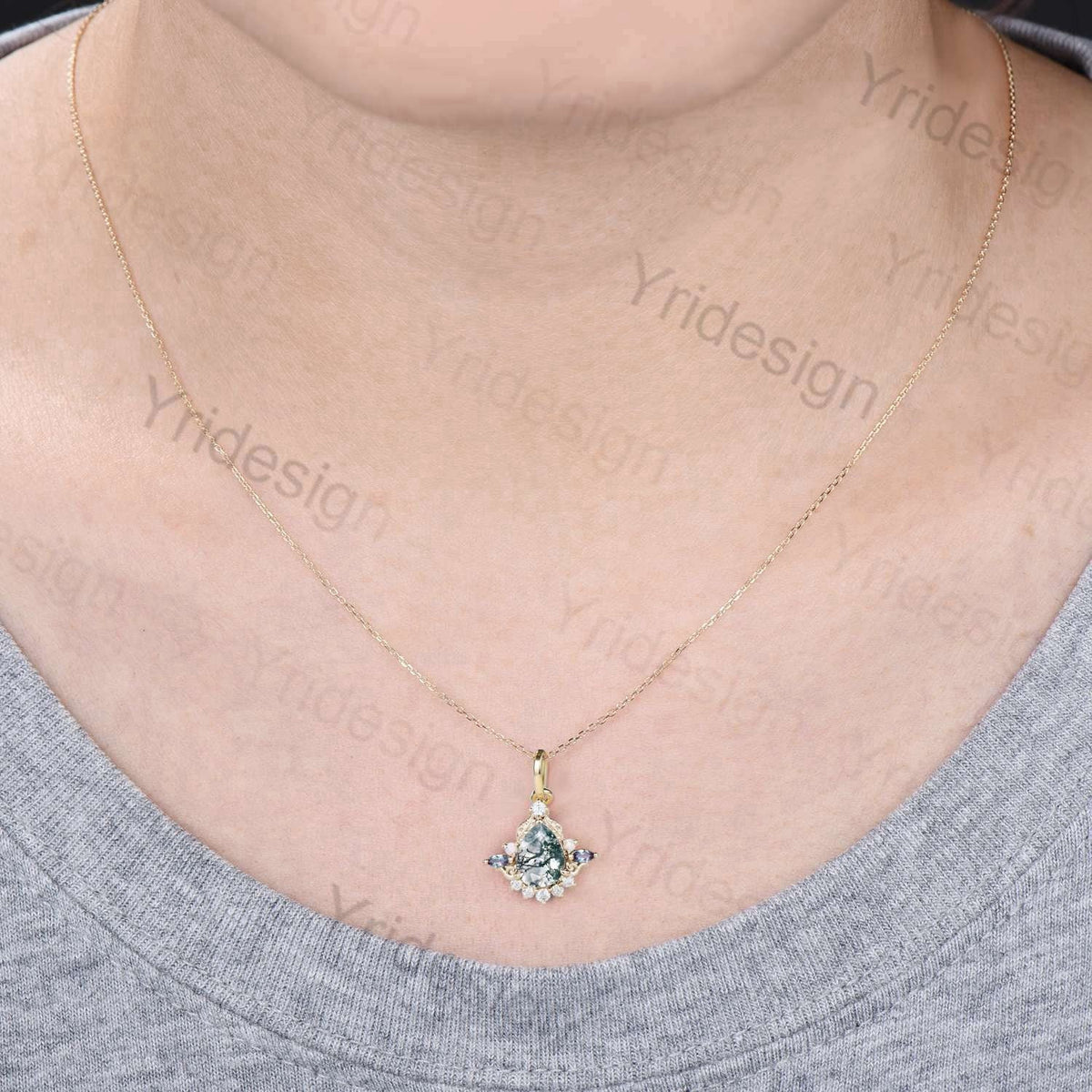 Unique Pear Shaped Moss Agate Pendant Necklace Vintage Alternative Alexandrite Opal Necklace For Women Nature Inspired Leaves Pendant