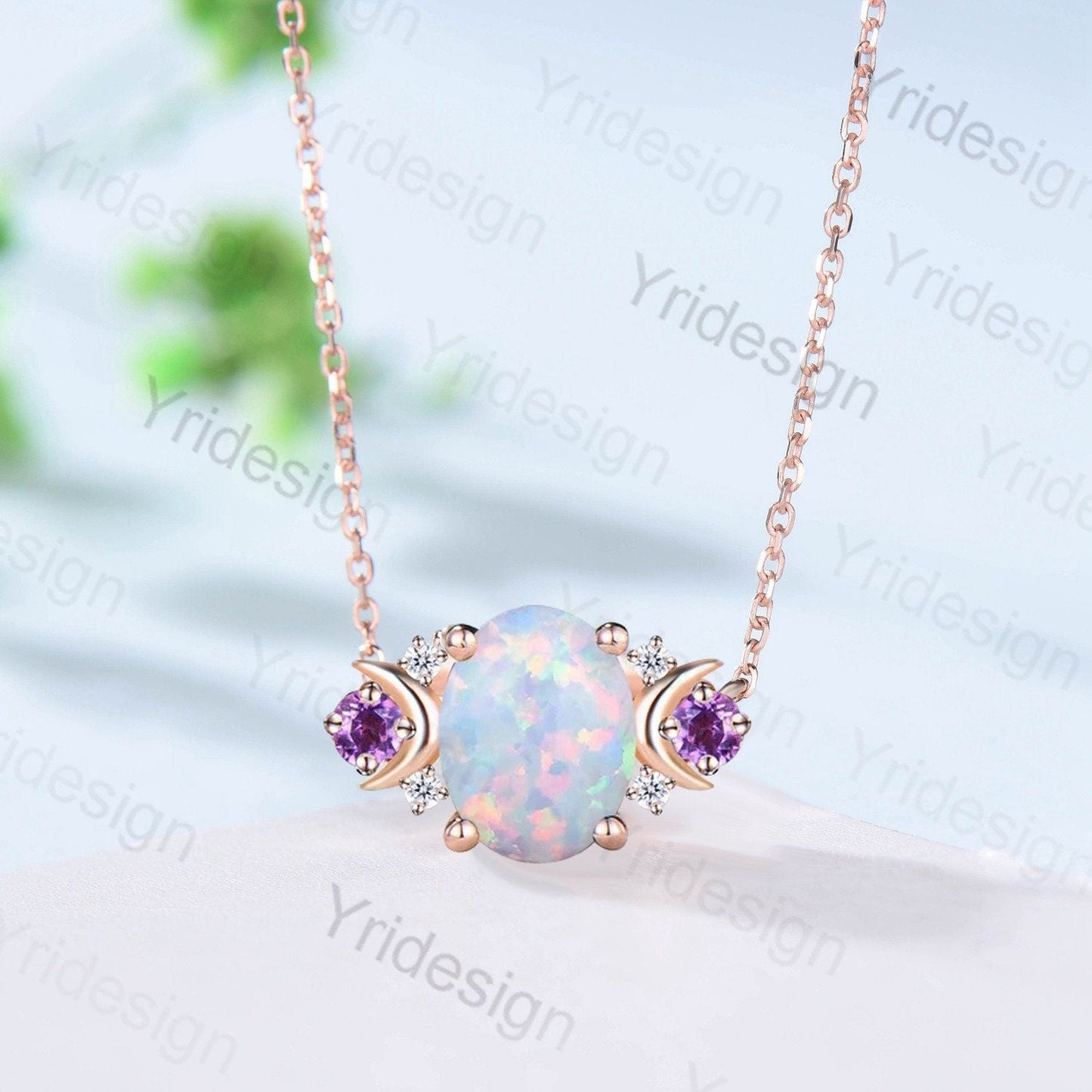 Vintage Moon Opal Amethyst Pendant Necklace Unique Nature Inspired Fire Opal Pendant Alternative Cute Amethyst Moissanite Necklace For Women