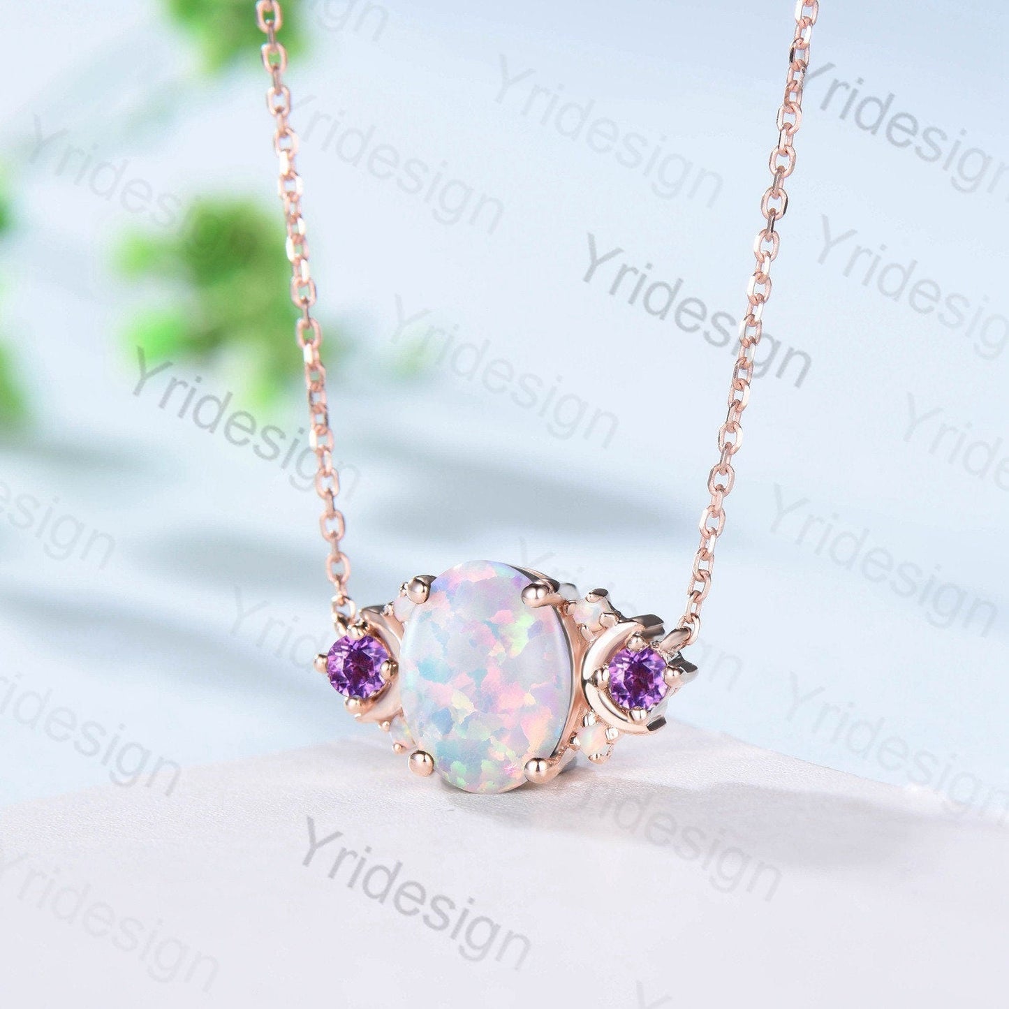 Vintage Moon Opal Amethyst Pendant Necklace Unique Nature Inspired Fire Opal Pendant Alternative Cute Amethyst Moissanite Necklace For Women