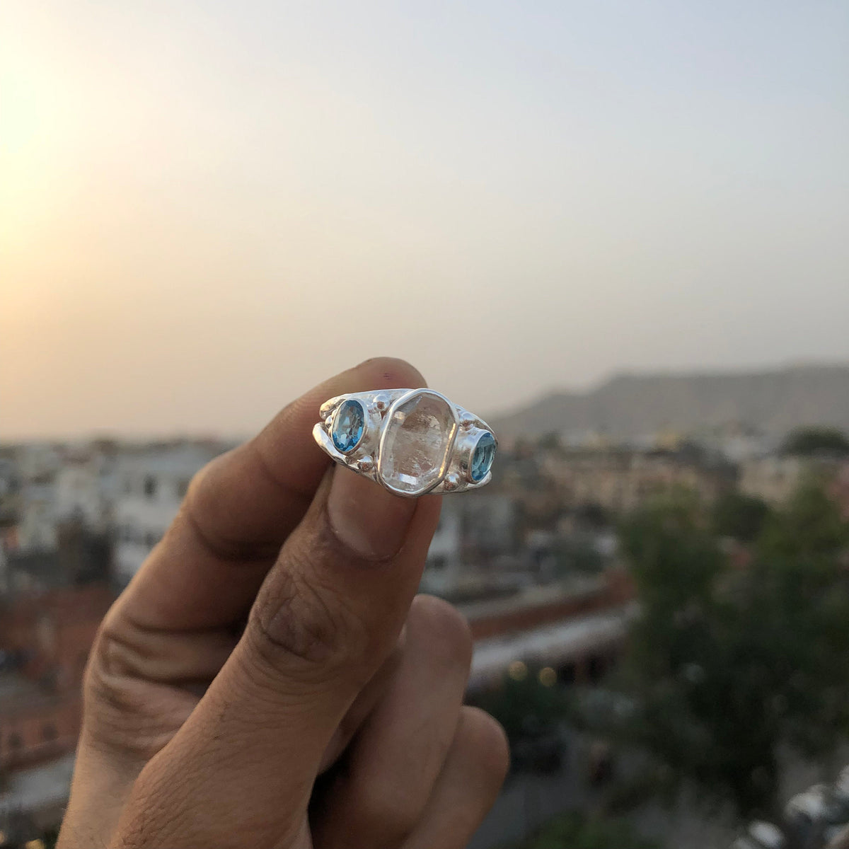 Herkimer Diamond and Blue Topaz Gemstone 925 Solid Sterling Silver Handmade Ring Jewelry
