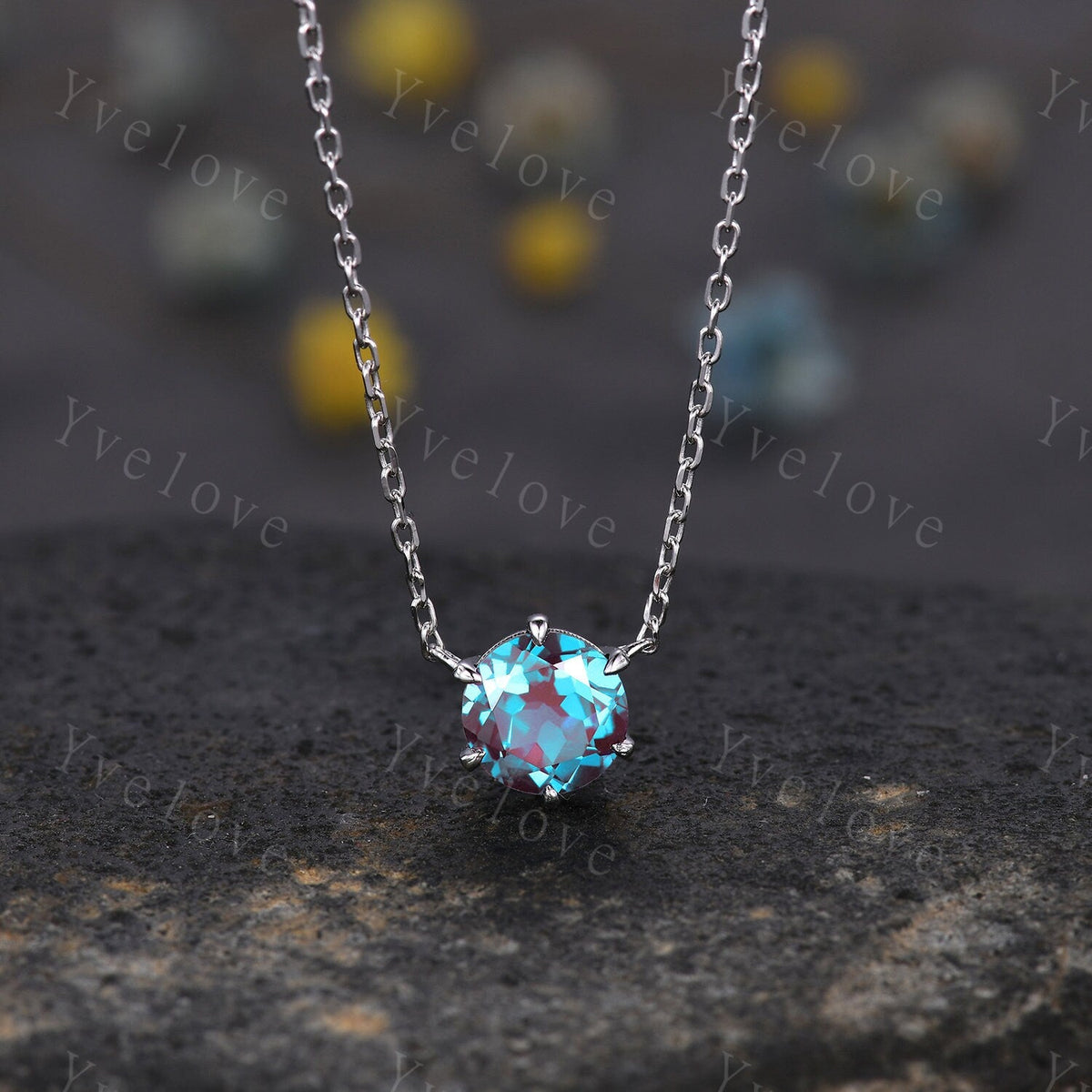 Unique 7mm round shape Alexandrite Pendant,Alexandrite Necklace,Silver Art Deco Necklace,June Gift,Vintage Women Bridal Anniversary Gift
