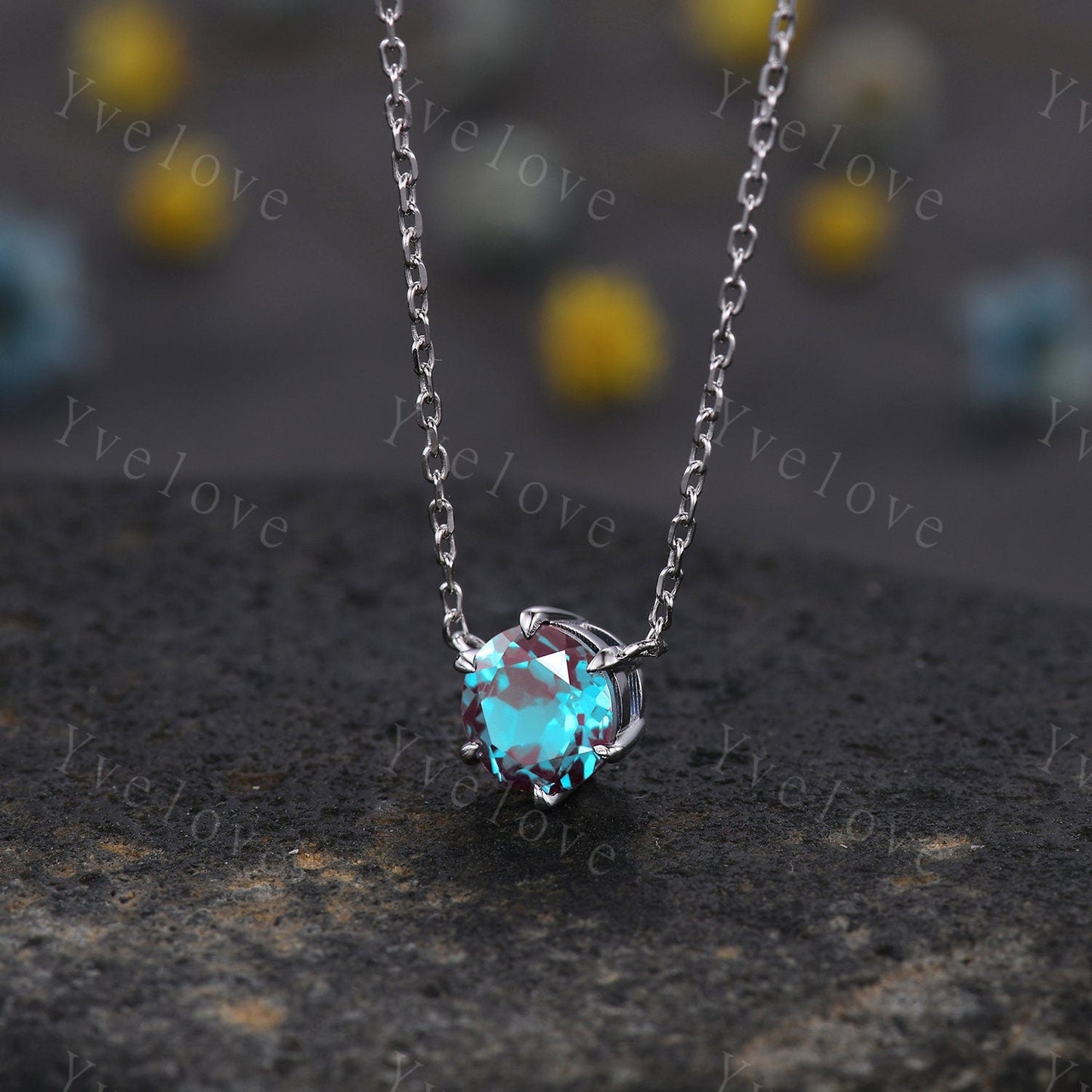 Unique 7mm round shape Alexandrite Pendant,Alexandrite Necklace,Silver Art Deco Necklace,June Gift,Vintage Women Bridal Anniversary Gift