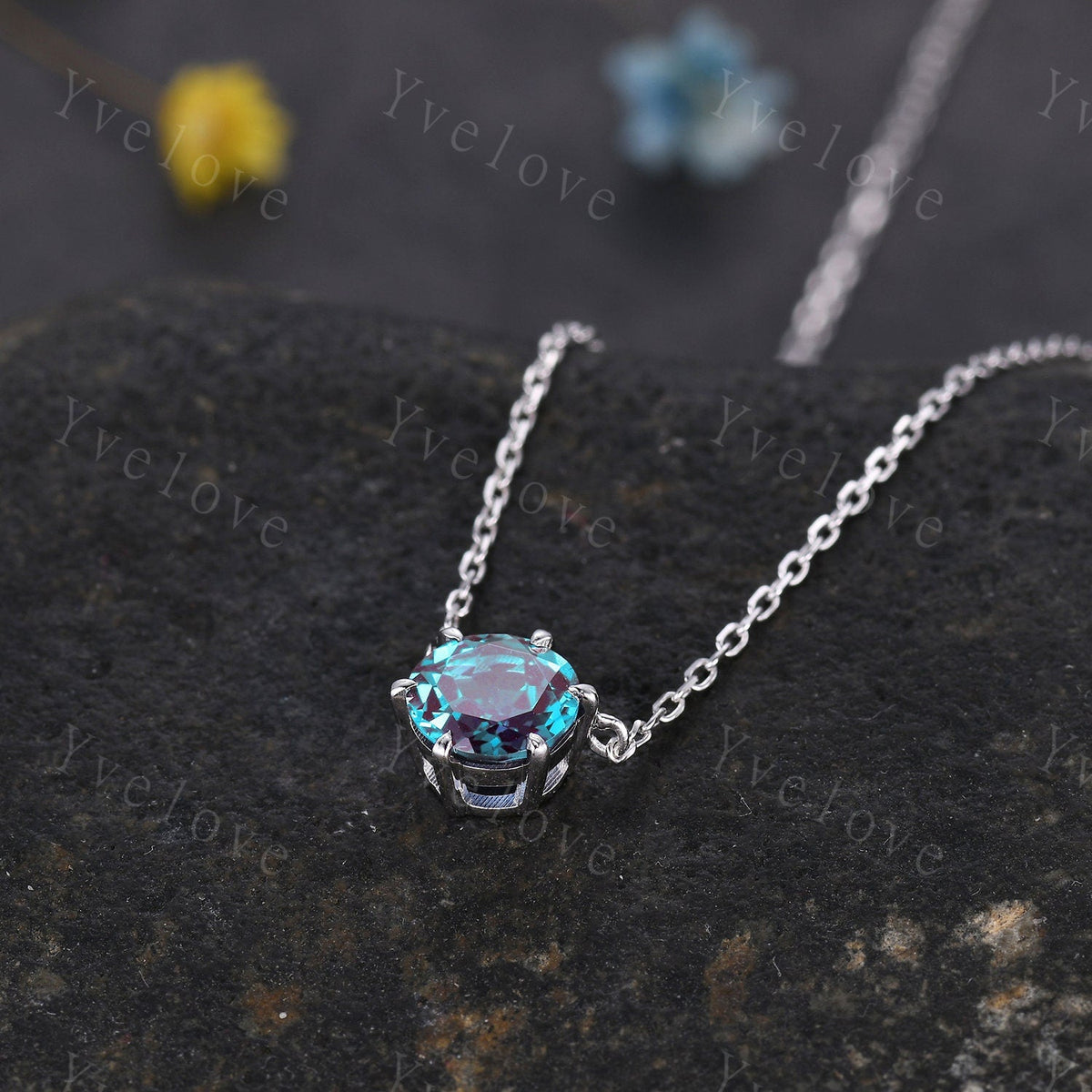 Unique 7mm round shape Alexandrite Pendant,Alexandrite Necklace,Silver Art Deco Necklace,June Gift,Vintage Women Bridal Anniversary Gift