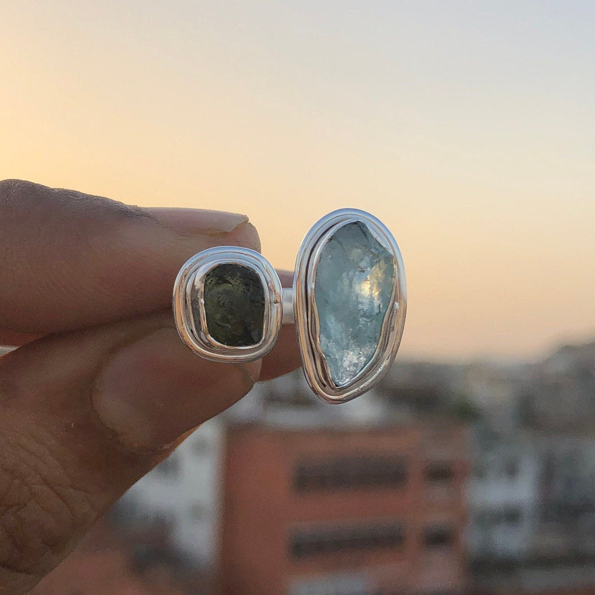 Authentic Czech Republic Moldavite Rough and Aquamarine Gemstone 925 Solid Sterling Silver Handmade Ring Jewelry