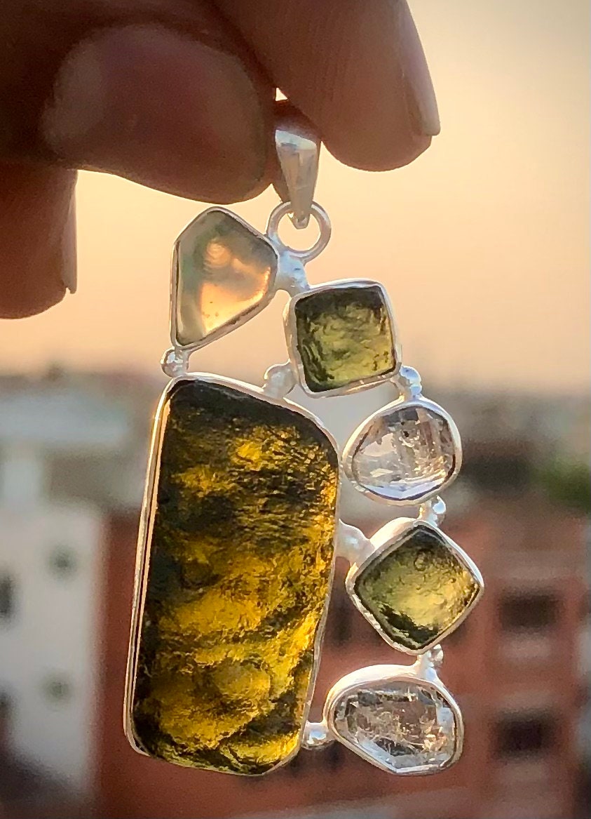 Moldavite Pendant, Czech Moldavite, Herkimer Diamond, Opal Pendant, Sterling Silver Pendant, Handmade Pendant, Natural Moldavite