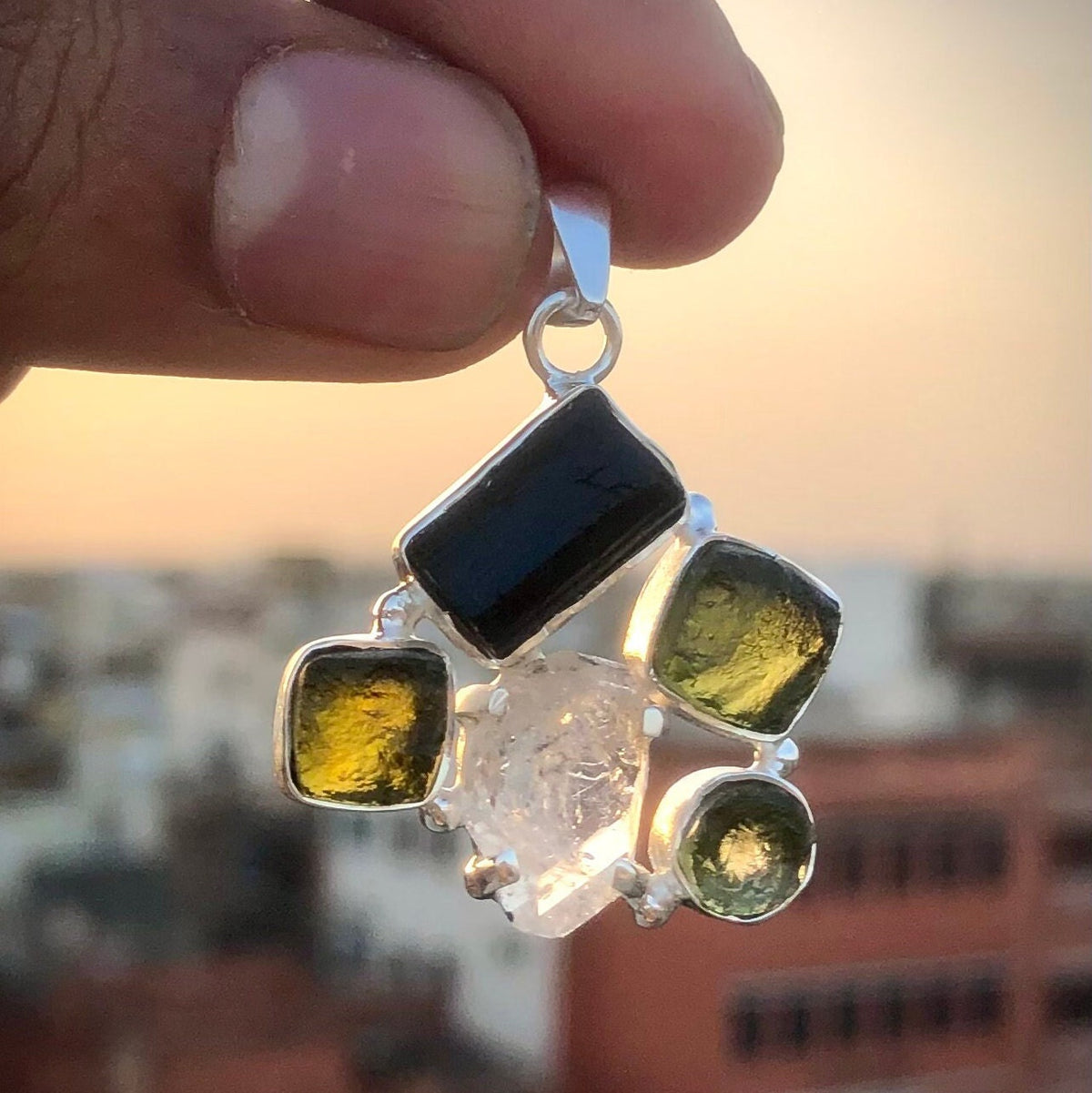 Moldavite Pendant, Black Tourmaline, Moldavite, Herkimer Diamond Pendant, Sterling Silver Pendant, Handmade Pendant, Natural Moldavite