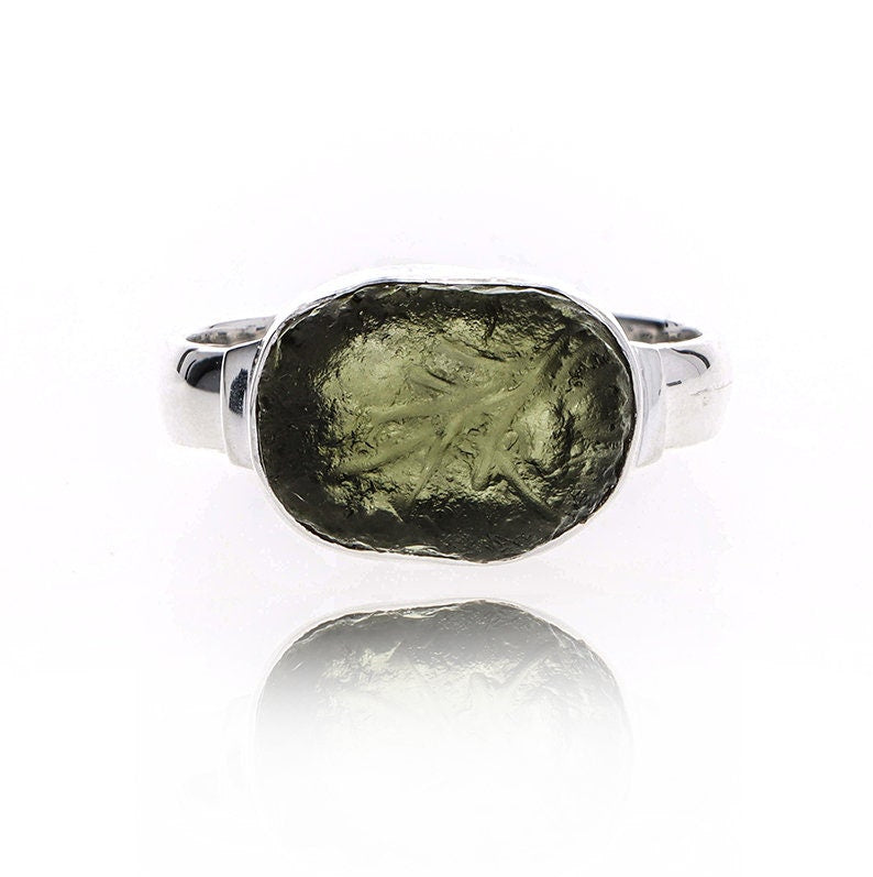 Authentic Czech Republic Moldavite Rough Gemstone 925 Solid Sterling Silver Handmade Ring Jewelry