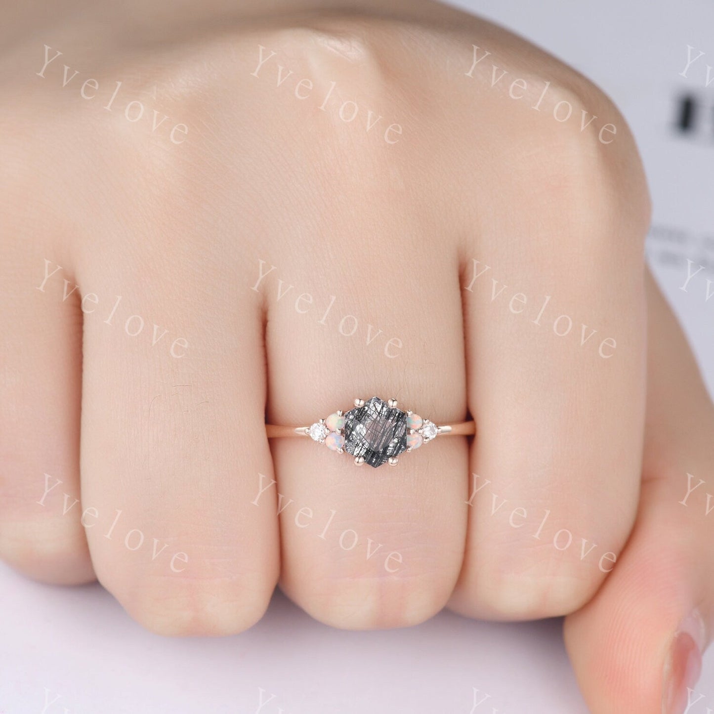 Unique Black Rutilated Quartz Engagement Ring,Opal Moissanite Rings for Women,Cluster Ring,Vintage Anniversary Stack Promise Ring,Handmade