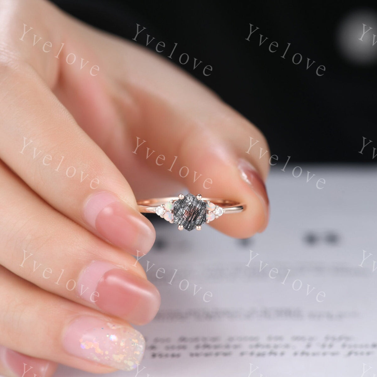Unique Black Rutilated Quartz Engagement Ring,Opal Moissanite Rings for Women,Cluster Ring,Vintage Anniversary Stack Promise Ring,Handmade