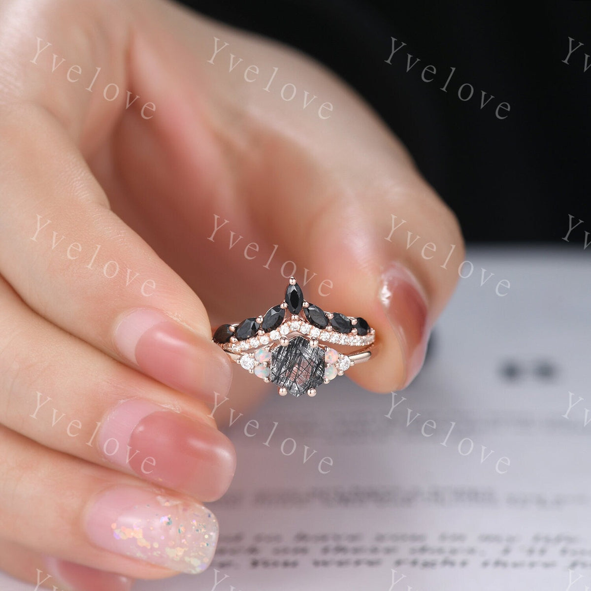 Unique Black Rutilated Quartz Engagement Ring,Opal Moissanite Rings for Women,Cluster Ring,Vintage Anniversary Stack Promise Ring,Handmade