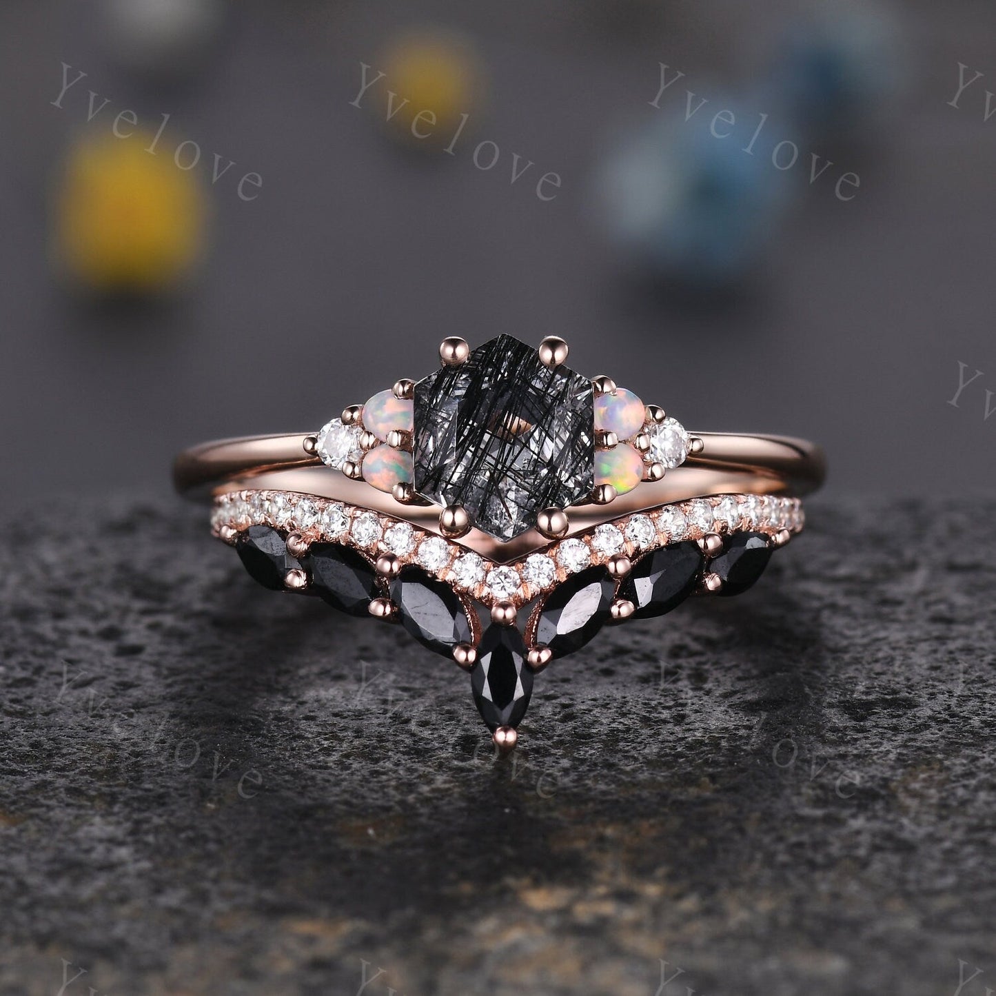 Unique Black Rutilated Quartz Engagement Ring,Opal Moissanite Rings for Women,Cluster Ring,Vintage Anniversary Stack Promise Ring,Handmade
