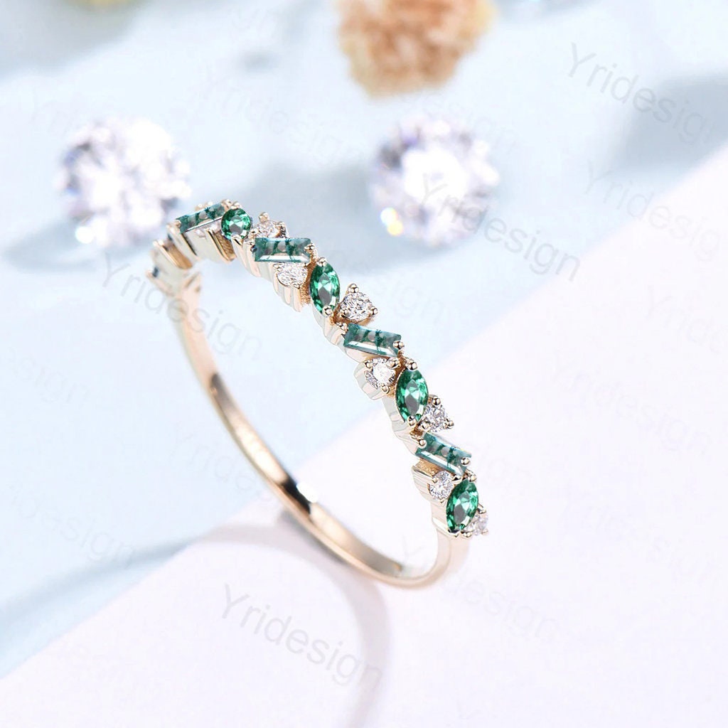 Vintage Moss Agate Emerald Eternity Wedding Band Women Unique Baguette Moss Stackable Ring Art Deco Green Crystal Matching Band For Women