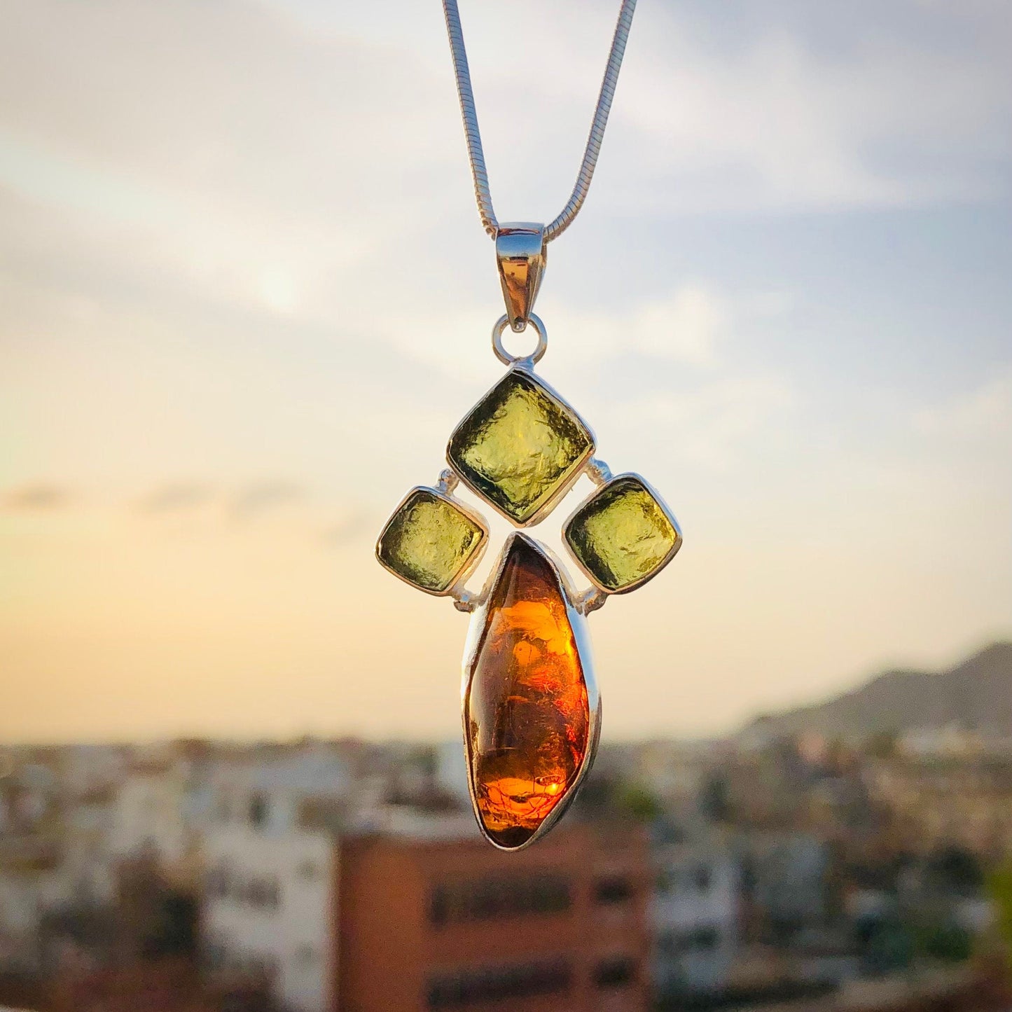 Genuine Moldavite Rough Amber pendant 100% Natural With Certified Gemstone From Czech Republic 925 Sterling Silver Handmade Designer Jewelry