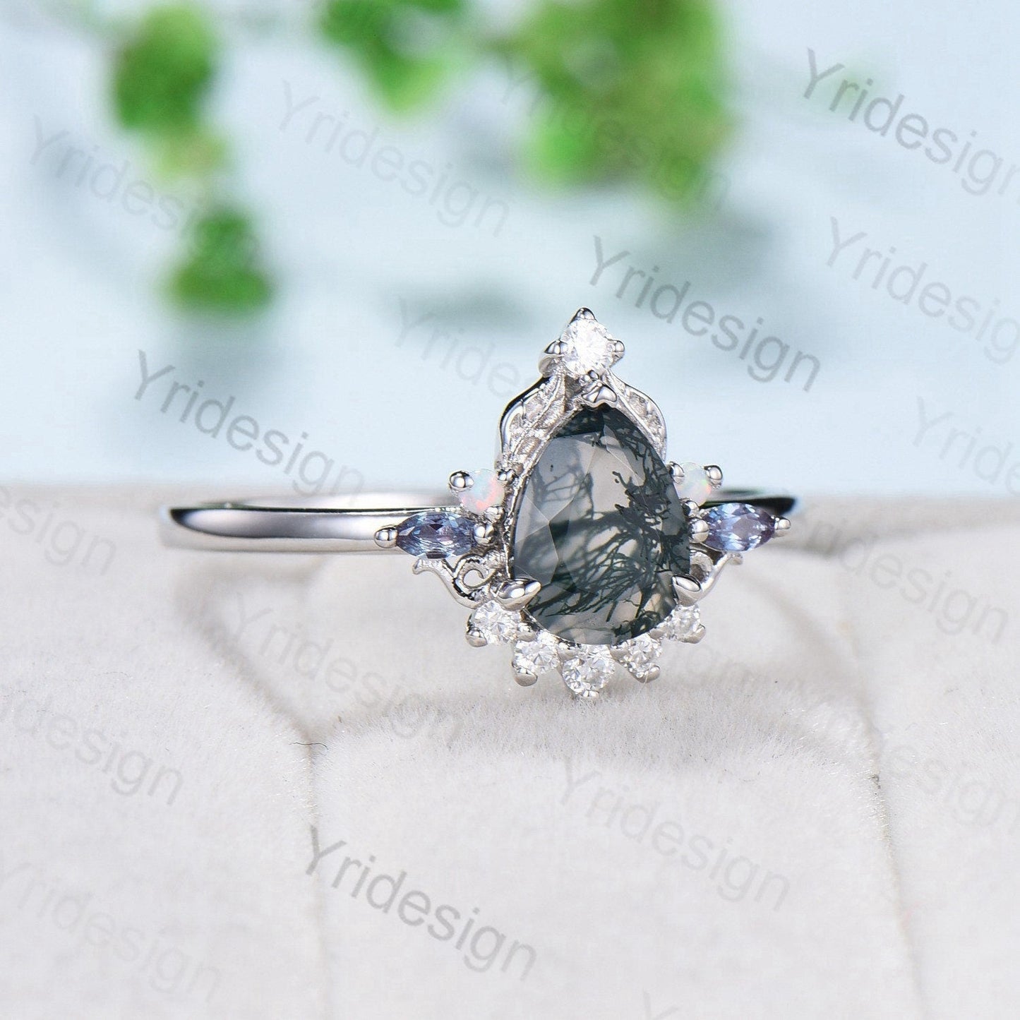 Unique Pear Shaped Moss Agate Ring Vintage  Alternative Alexandrite Opal Wedding Ring For Women Nature Inspired Cluster Leaves Promise Ring