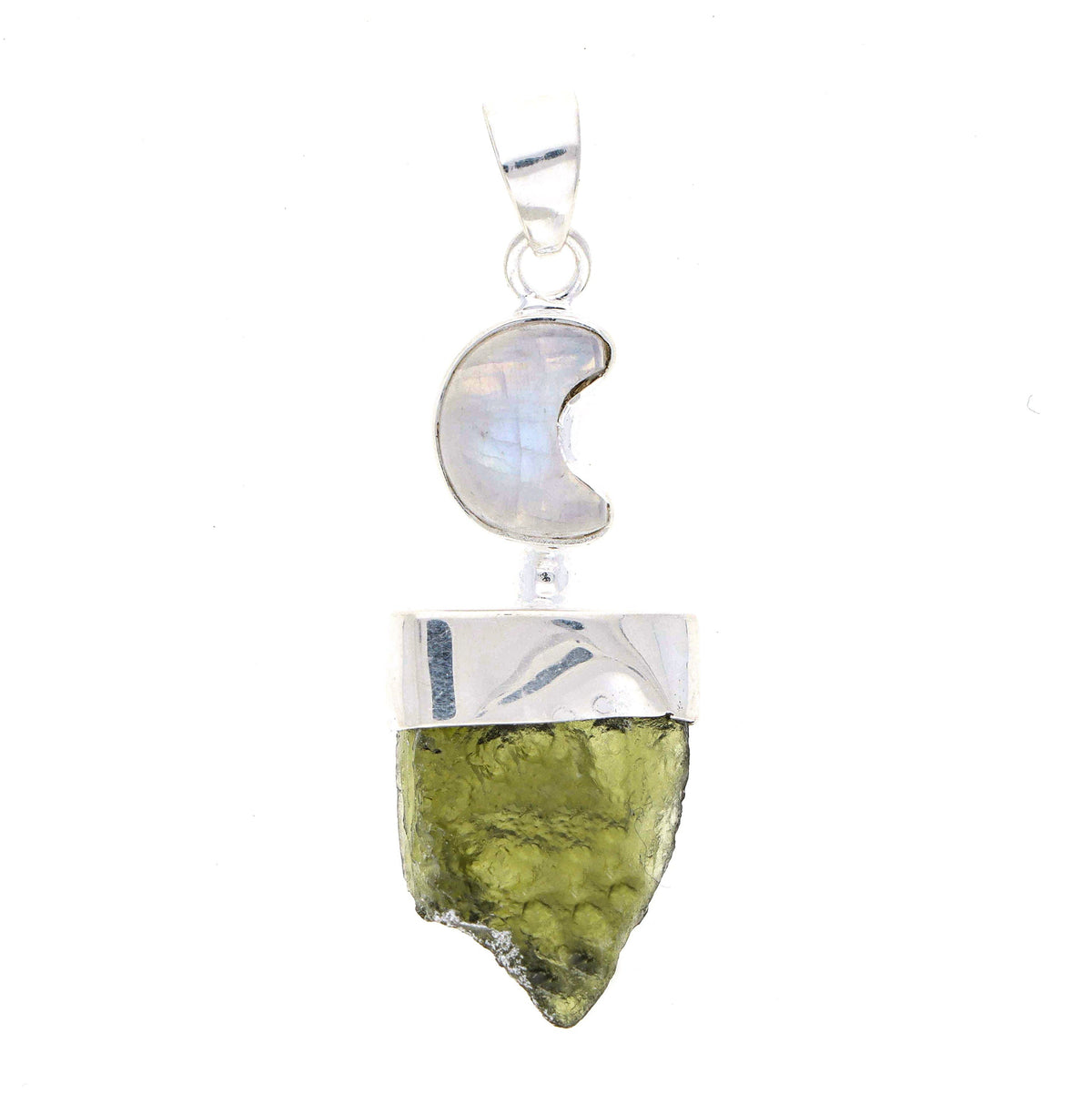 Moldavite Rough Pendant, Silver Handmade Pendant, Moon Shape Moonstone Jewelry, 100% Authentic With Certified Gemstone