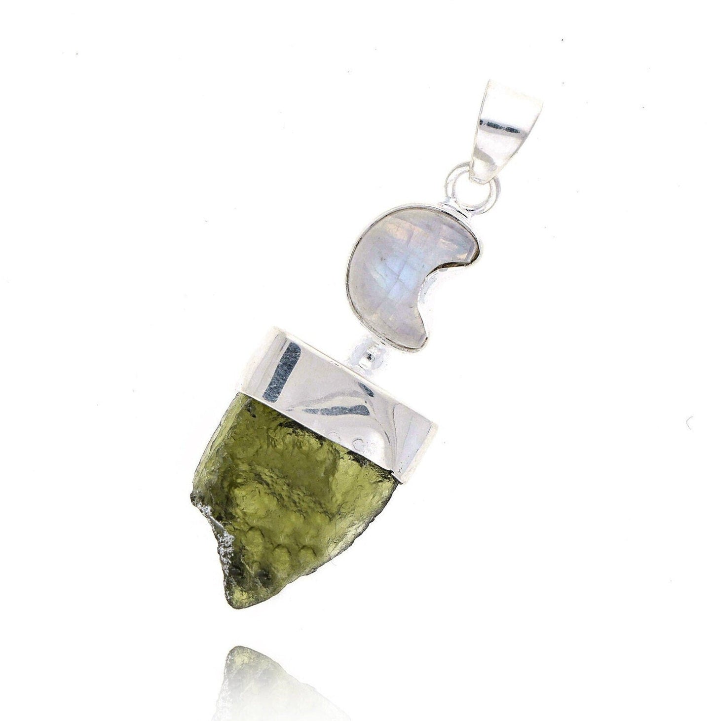 Moldavite Rough Pendant, Silver Handmade Pendant, Moon Shape Moonstone Jewelry, 100% Authentic With Certified Gemstone