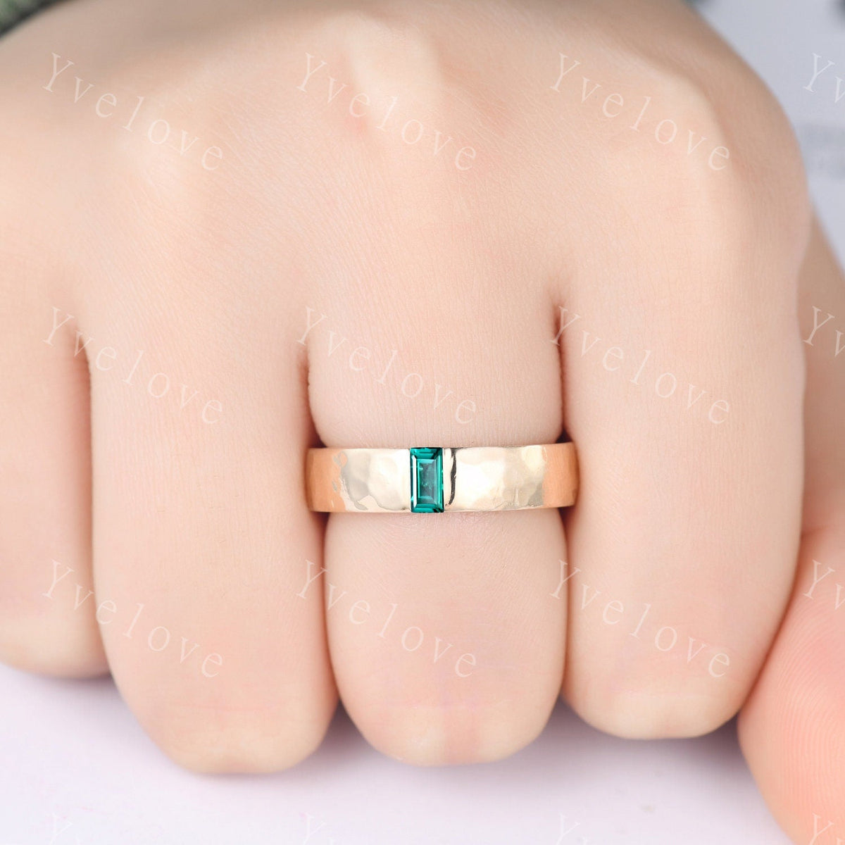 Mens Emerald Wedding Band Baguette Cut Green Emerald Band 5mm Black Band Ring Mens Hammered Stacking Matching Band Retro Vintage Ring Gift