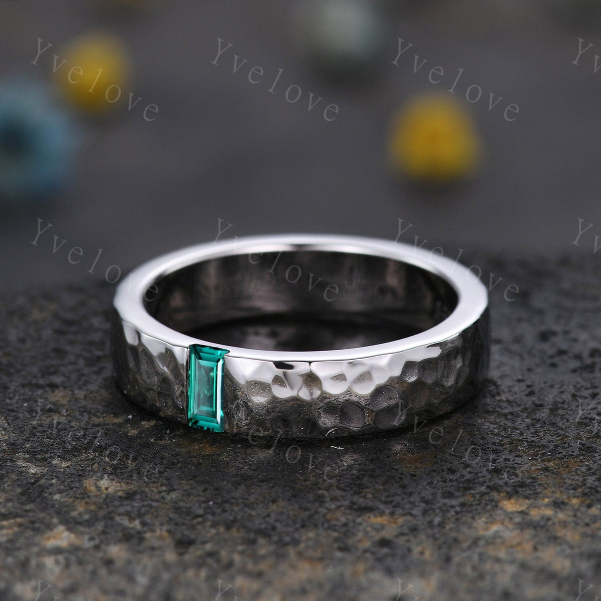 Mens Emerald Wedding Band Baguette Cut Green Emerald Band 5mm Black Band Ring Mens Hammered Stacking Matching Band Retro Vintage Ring Gift