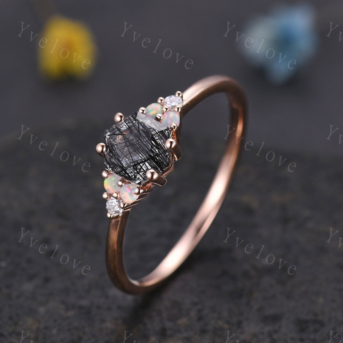 Unique Black Rutilated Quartz Engagement Ring,Opal Moissanite Rings for Women,Cluster Ring,Vintage Anniversary Stack Promise Ring,Handmade