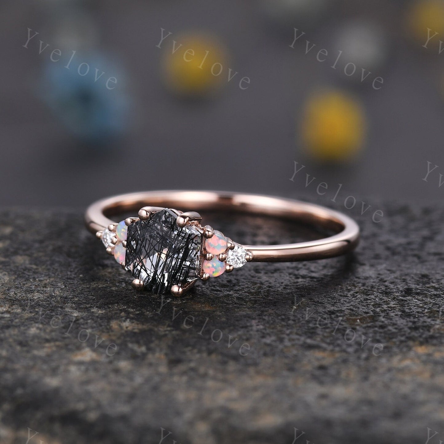 Unique Black Rutilated Quartz Engagement Ring,Opal Moissanite Rings for Women,Cluster Ring,Vintage Anniversary Stack Promise Ring,Handmade