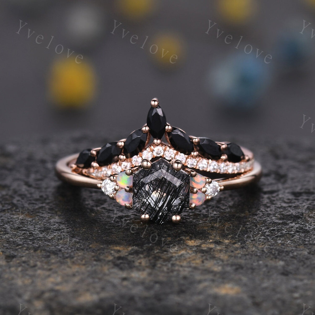Unique Black Rutilated Quartz Engagement Ring,Opal Moissanite Rings for Women,Cluster Ring,Vintage Anniversary Stack Promise Ring,Handmade