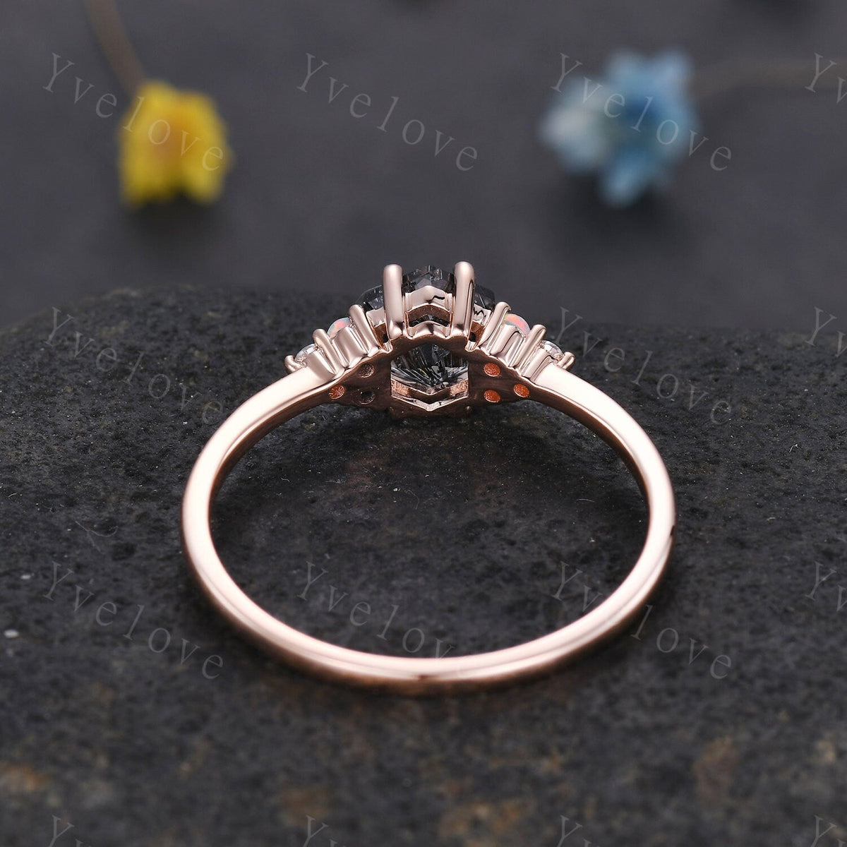 Unique Black Rutilated Quartz Engagement Ring,Opal Moissanite Rings for Women,Cluster Ring,Vintage Anniversary Stack Promise Ring,Handmade