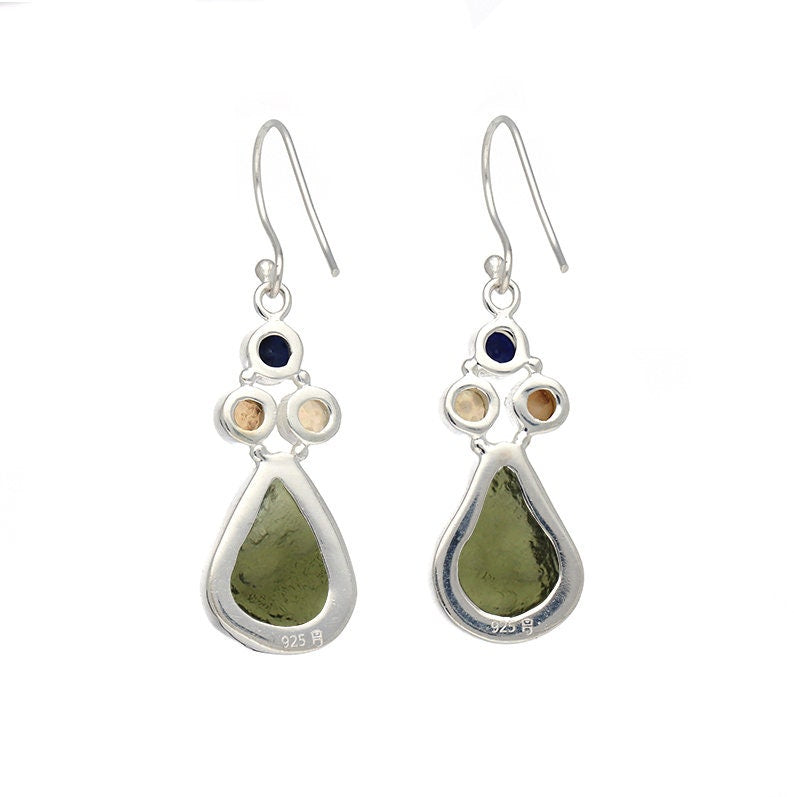 Natural Moldavite Rough & Blue Sapphire, Opal  Earrings Gemstone From Czech Republic 925 Solid Sterling Silver Handmade Designer Jewelry
