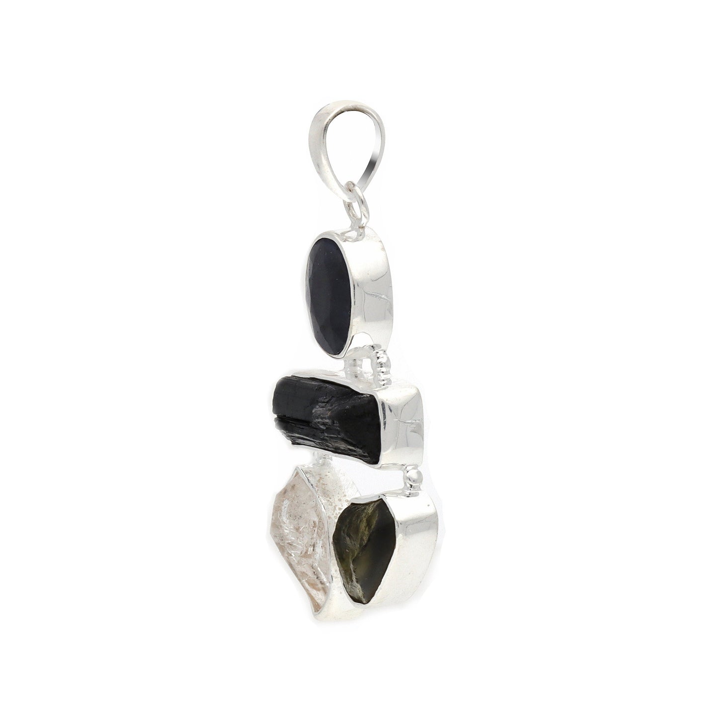 Moldavite Pendant, Black Tourmaline, Blue Sapphire, Herkimer Diamond Pendant, Sterling Silver Pendant, Handmade Pendant, Natural Moldavite