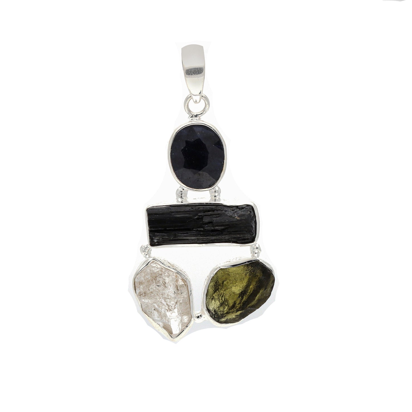 Moldavite Pendant, Black Tourmaline, Blue Sapphire, Herkimer Diamond Pendant, Sterling Silver Pendant, Handmade Pendant, Natural Moldavite