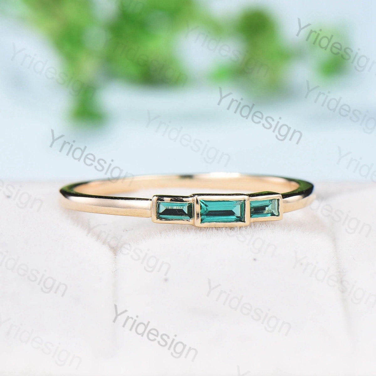 Black Gold Emerald Ring, Baguette Three Stone Promise Ring