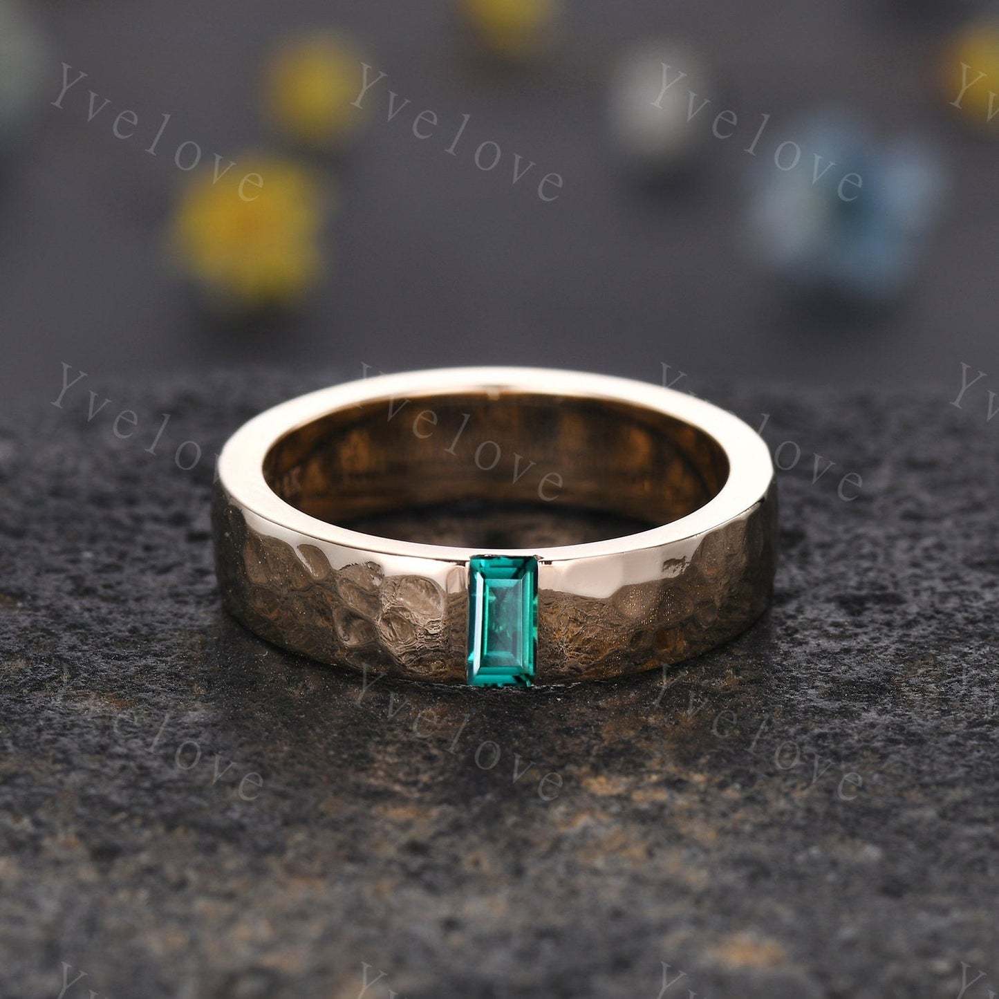 Mens Emerald Wedding Band Baguette Cut Green Emerald Band 5mm Black Band Ring Mens Hammered Stacking Matching Band Retro Vintage Ring Gift