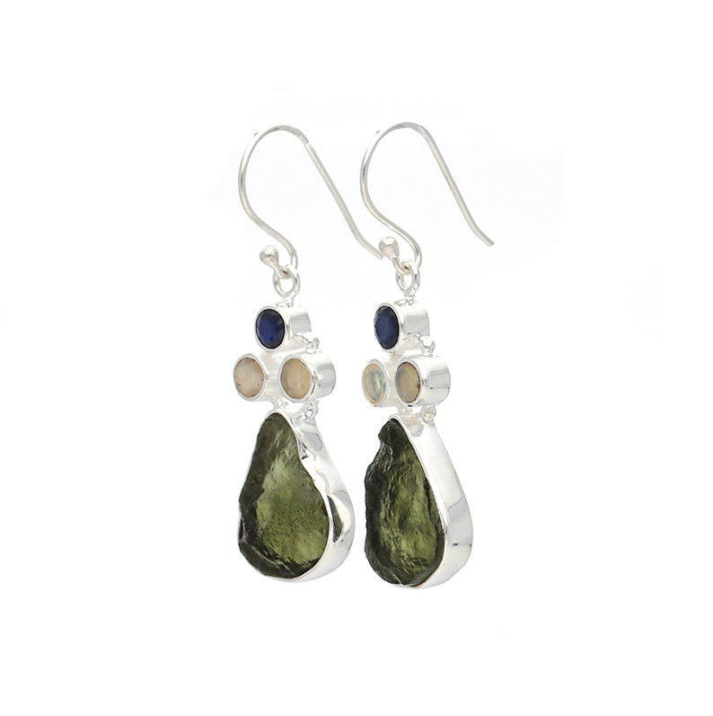 Natural Moldavite Rough & Blue Sapphire, Opal  Earrings Gemstone From Czech Republic 925 Solid Sterling Silver Handmade Designer Jewelry