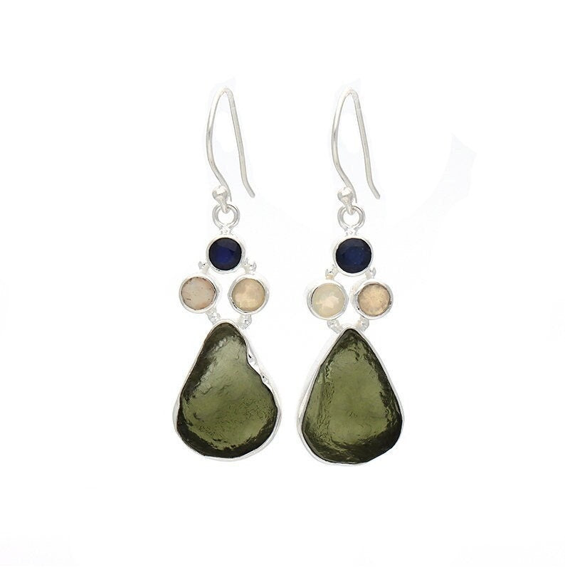 Natural Moldavite Rough & Blue Sapphire, Opal  Earrings Gemstone From Czech Republic 925 Solid Sterling Silver Handmade Designer Jewelry