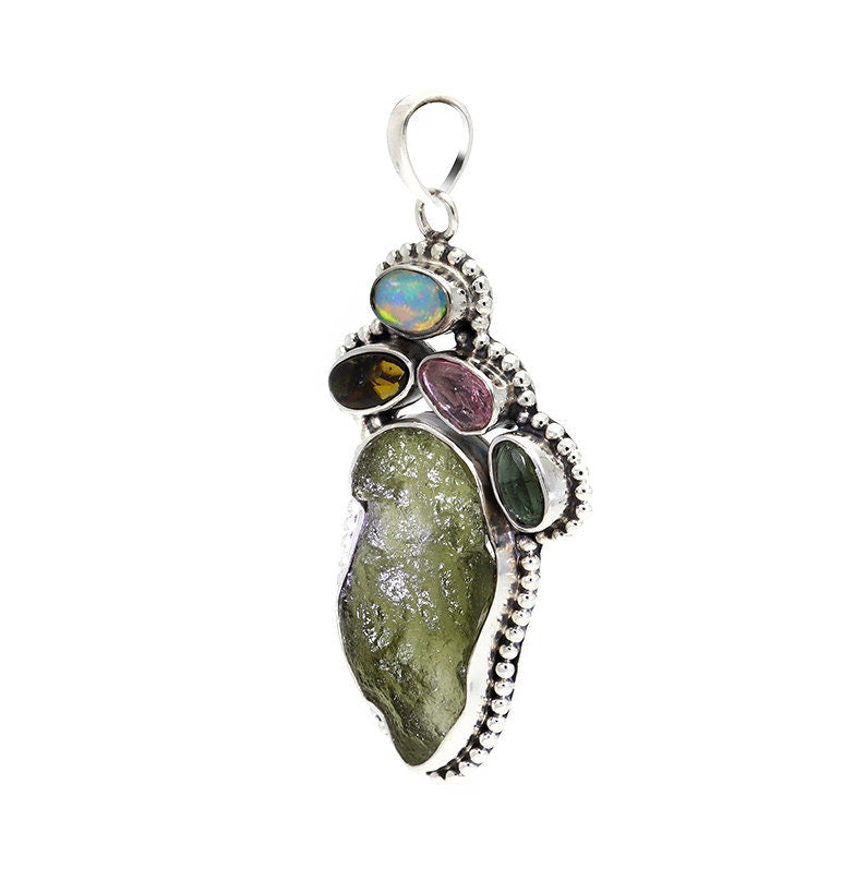 Moldavite Tourmaline pendant, genuine gemstone pendant, sterling silver handmade pendant, 100% genuine certified gemstone