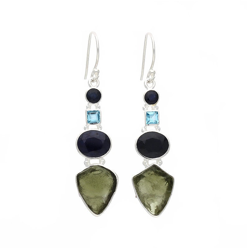 Natural Moldavite Rough & Blue Sapphire, Blue Topaz Earring Gemstone From Czech Republic 925 Solid Sterling Silver Handmade Designer Jewelry