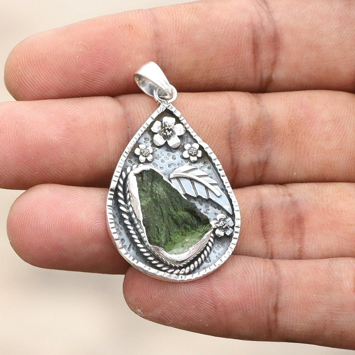 Genuine Moldavite Rough Pendant 100% Natural With Certified Gemstone From Czech Republic 925 Sterling Silver Handmade Designer Jewelry