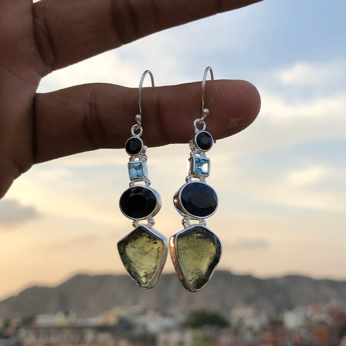 Natural Moldavite Rough & Blue Sapphire, Blue Topaz Earring Gemstone From Czech Republic 925 Solid Sterling Silver Handmade Designer Jewelry