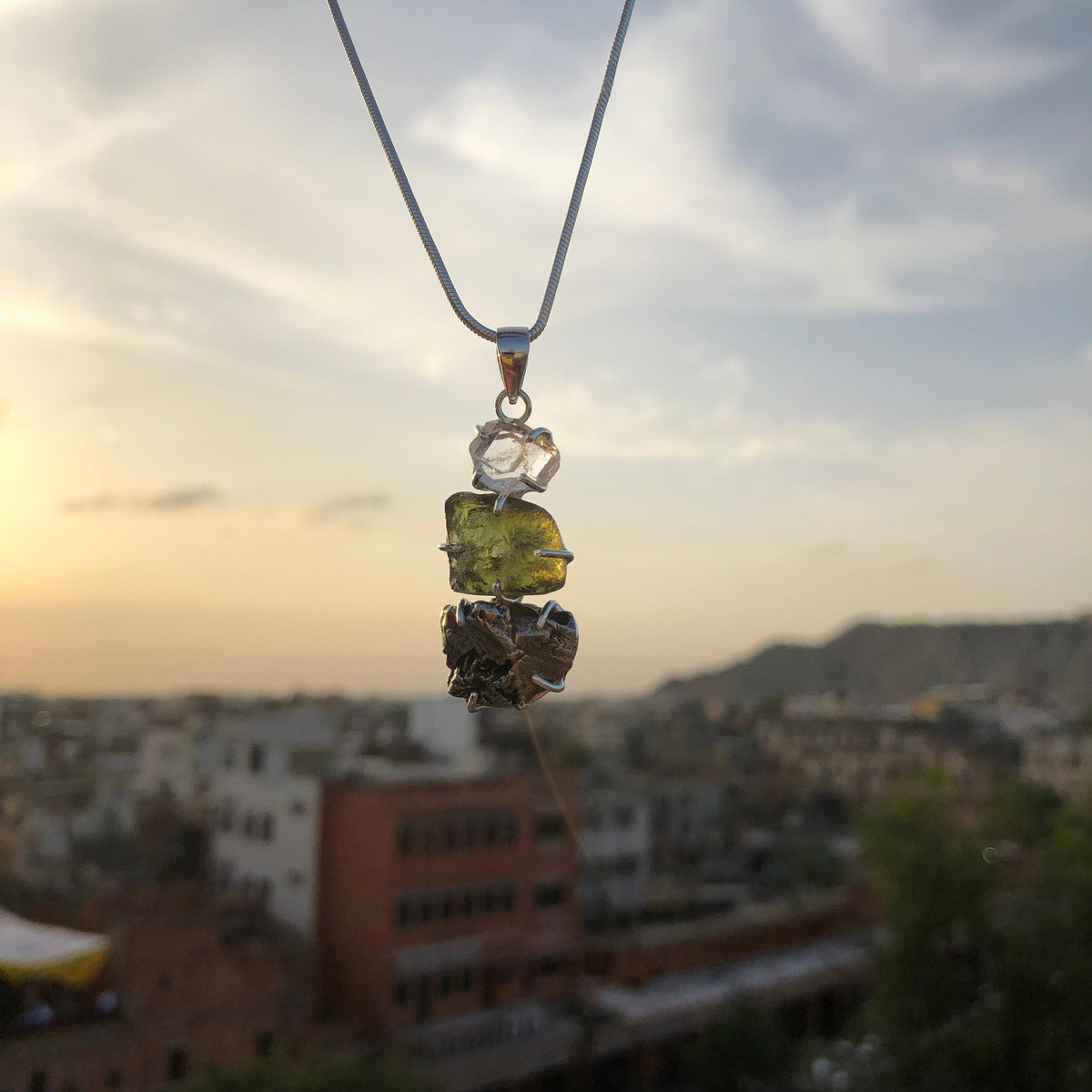 Moldavite, herkimer and Meteorite Campo Del Cielo pendant, genuine gemstone pendant, sterling silver handmade pendant, 100% genuine gemstone