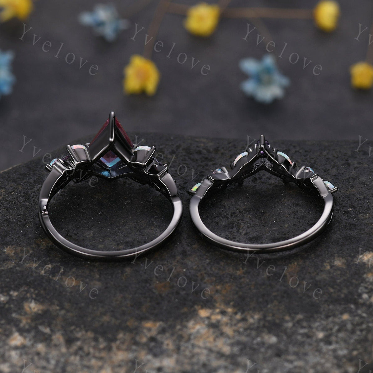 Custom Vintage Kite Sandstone Engagement Ring Set,Black Gold,Vines Amethyst Opal Ring,Women Bridal Set,Unique Twig Anniversary Promise Ring