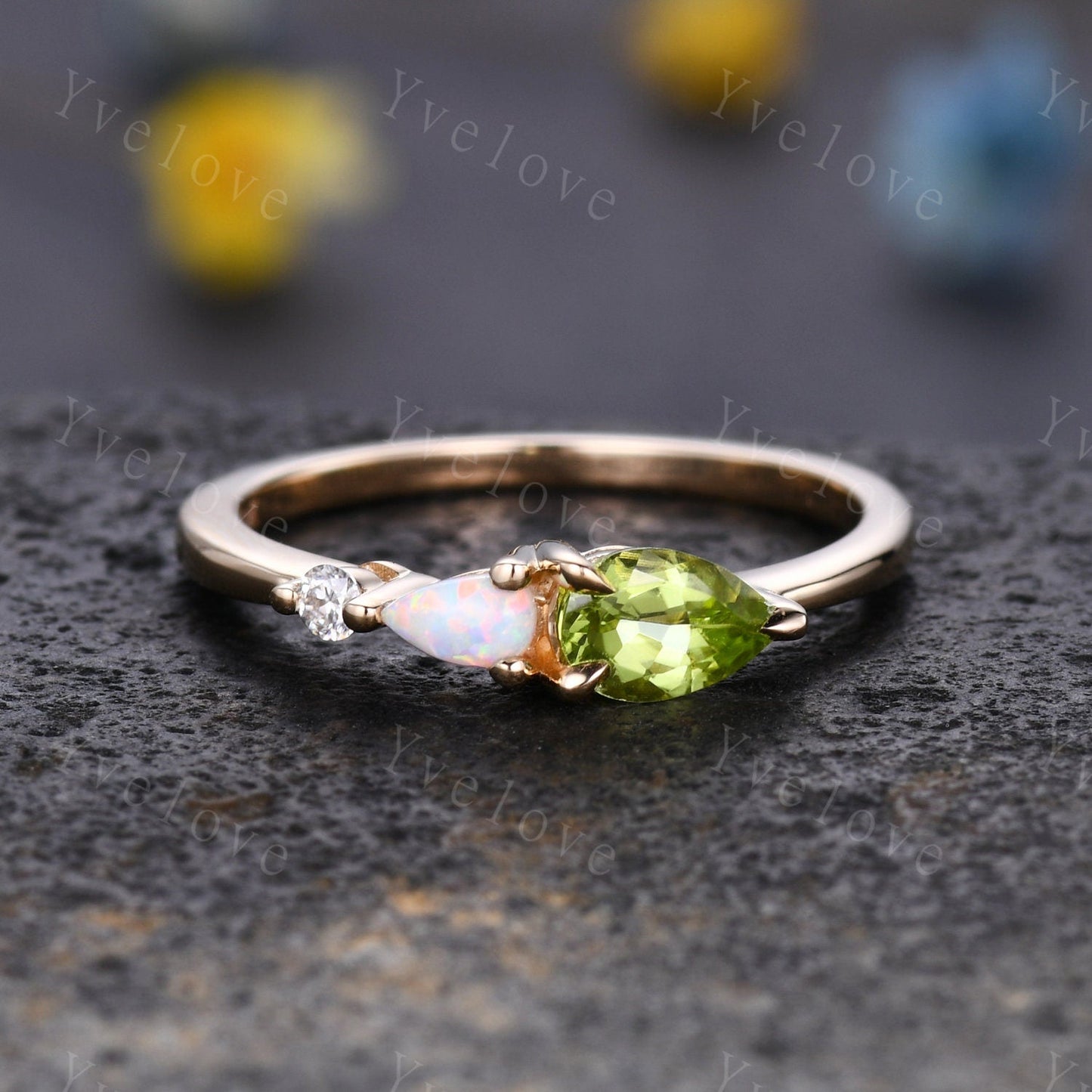 Vintage Peridot Opal Engagement Ring,Pear Cut Gems,Art Deco Moissanite Wedding Band,3 Stone Unique Women Bridal Promise Ring,Customized Gift