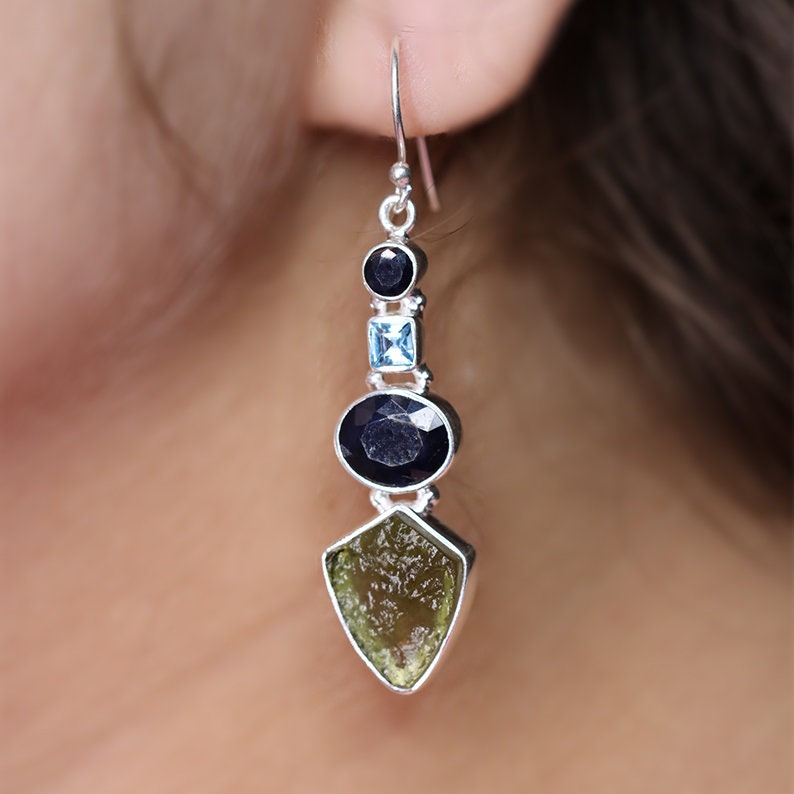 Natural Moldavite Rough & Blue Sapphire, Blue Topaz Earring Gemstone From Czech Republic 925 Solid Sterling Silver Handmade Designer Jewelry