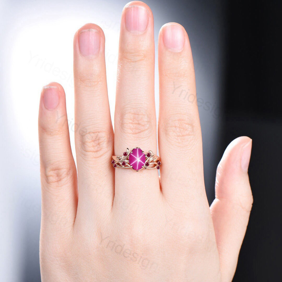 Natural Inspired Leaf pink star sapphire ring set cluster sapphire galaxy engagement ring women unique twig ruby wedding ring set for her