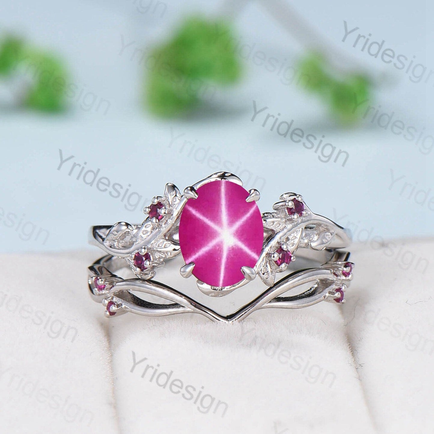 Natural Inspired Leaf pink star sapphire ring set cluster sapphire galaxy engagement ring women unique twig ruby wedding ring set for her