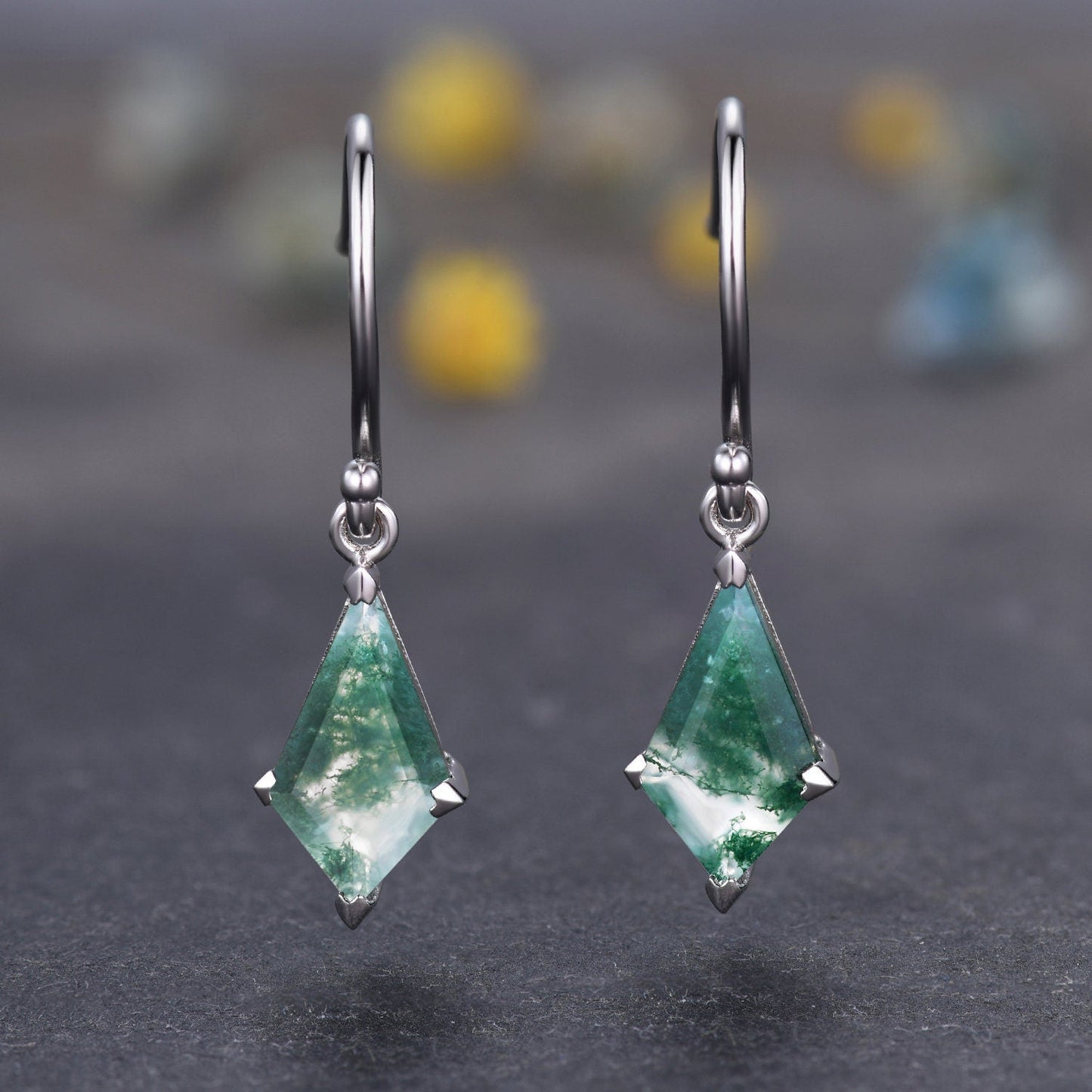 Vintage Kite cut Moss agate earrings natural gemstone jewelry unique earrings women art deco earring best friend gift for her Birthday Gift