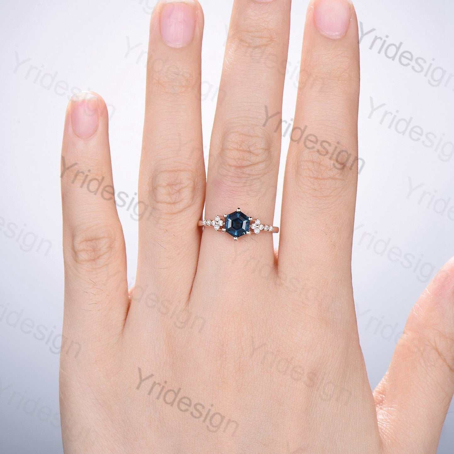 Handmade Hexagon Black Opal Ring, Flower Moissanite, 14K Rose Gold